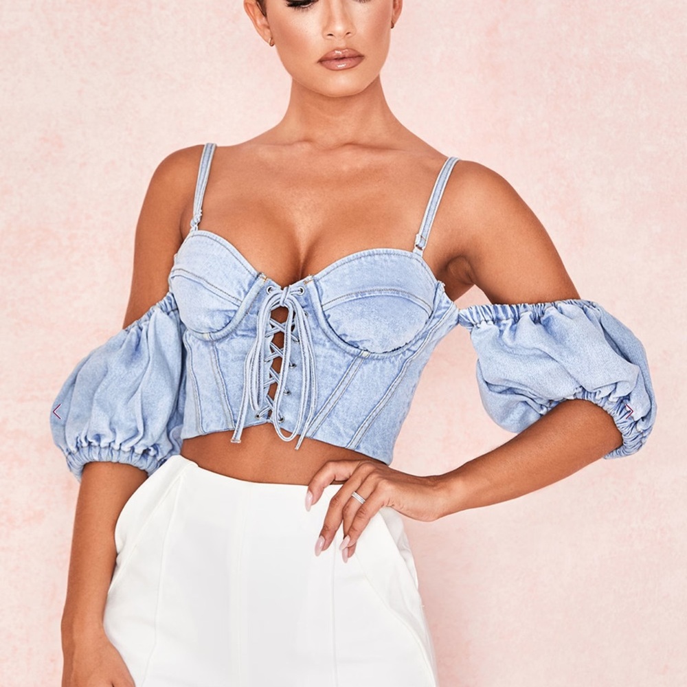House of CB Denim Puff Sleeve Corset Top